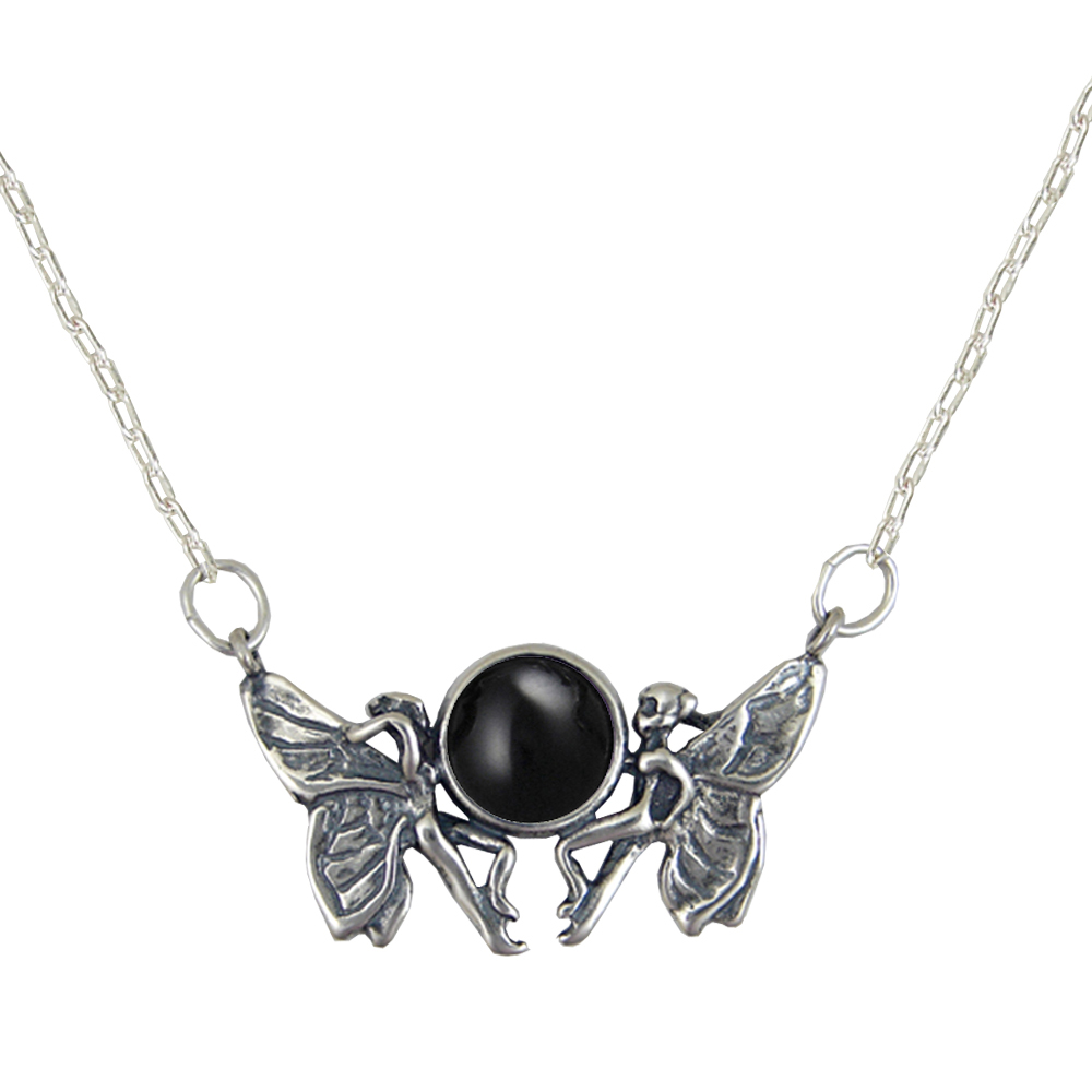 Sterling Silver Pair of Fairies Necklace With Black Onyx
